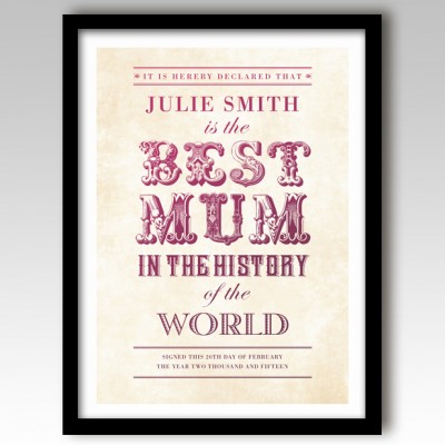 World's Best Mum vintage typographic personalised print